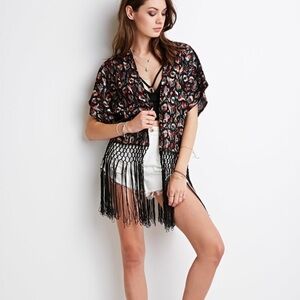 Forever 21 Embroidered Fringed Kimono Black Red Blue Wrap Swim Cover Up